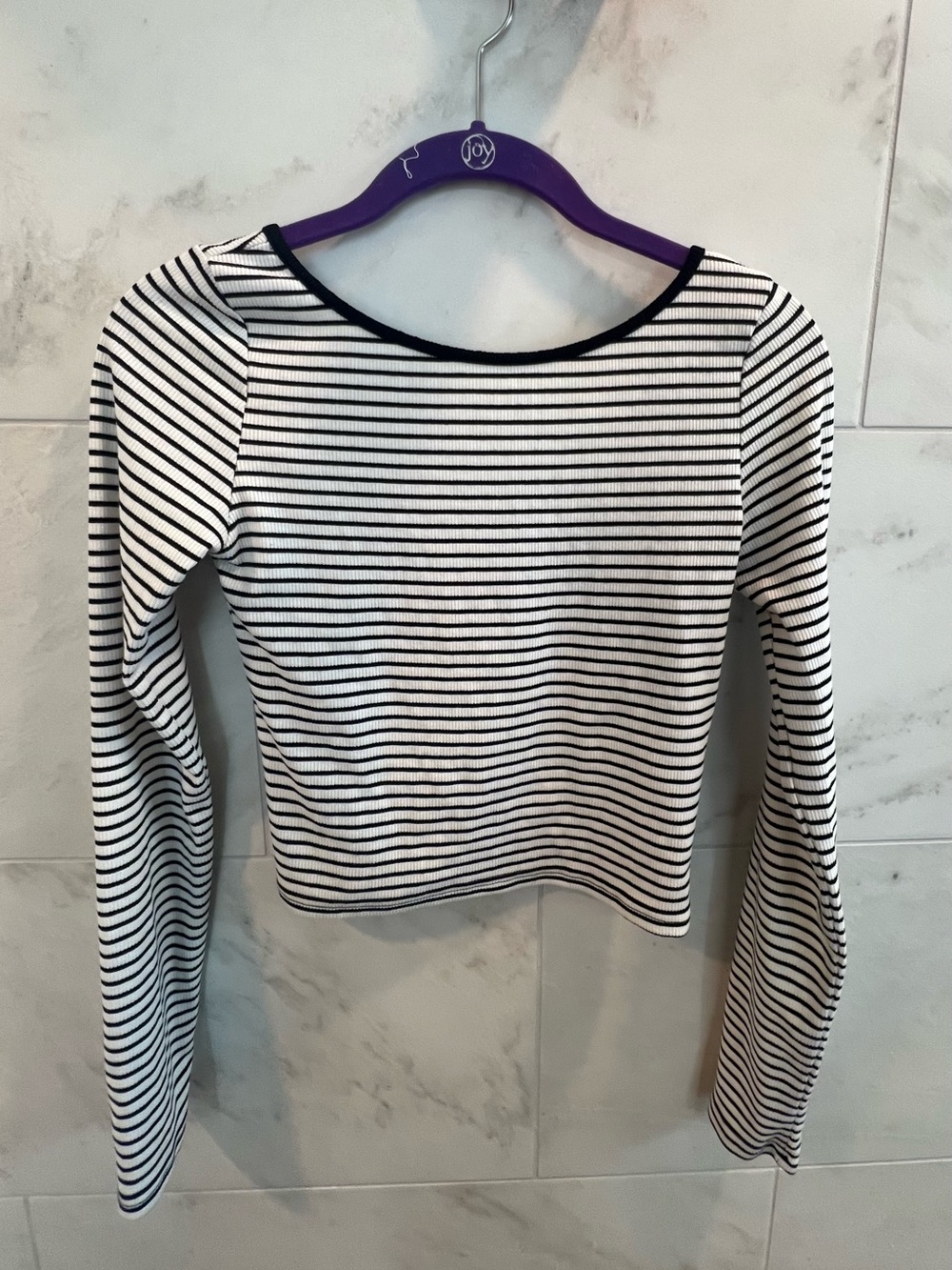 Edikted Striped Long-Sleeve Ribbed Boatneck Top with Scoop Back- Black & White